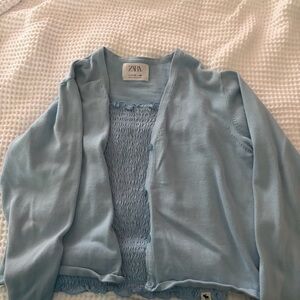 ZARA Pastel Blue Smocked-Panel Cardigan